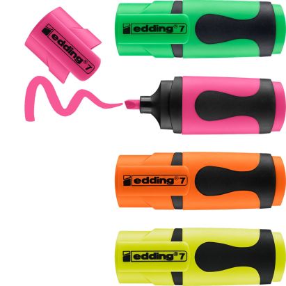 4 Stück edding 7 Mini Textmarker 4er-Set (gelb, orange, pink + grün)