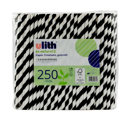 250 Stück Ulith Bio Papier- Trinkhalme Strohhalme 220mm Ø8mm, schwarz-weiß gestreift